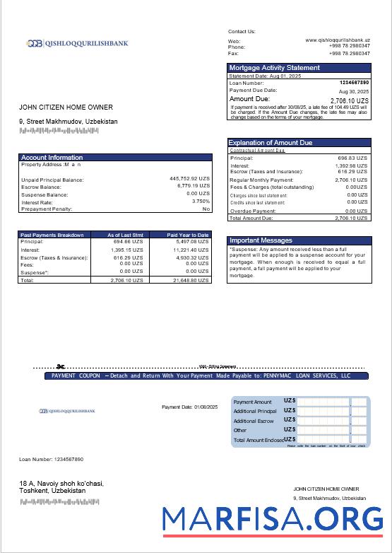 Realistic Uzbekistani Qishloq Qurilish Bank mortgage statement in Word and PDF formats download for verification